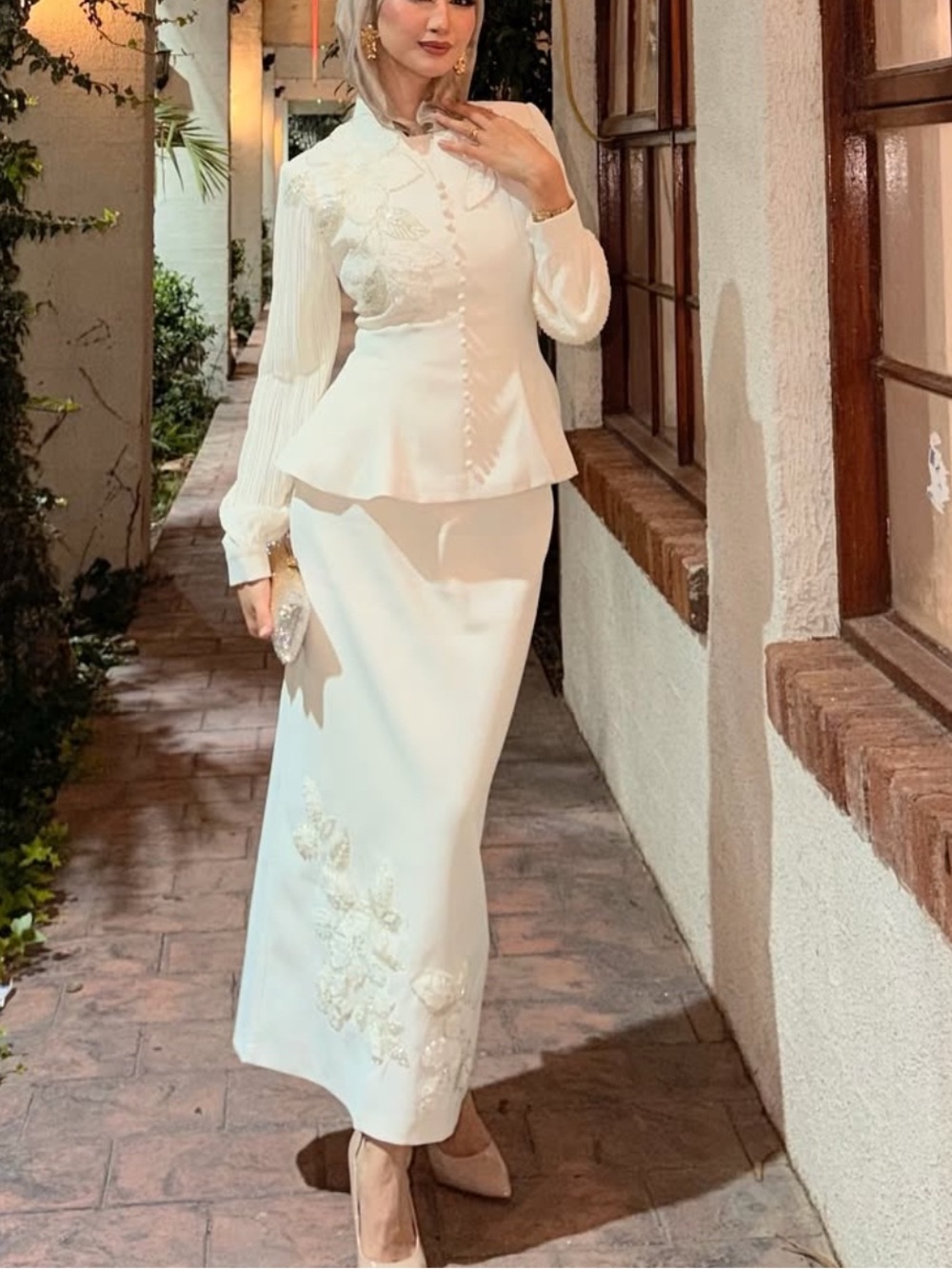 Elegant White Embroidered Peplum Skirt Set